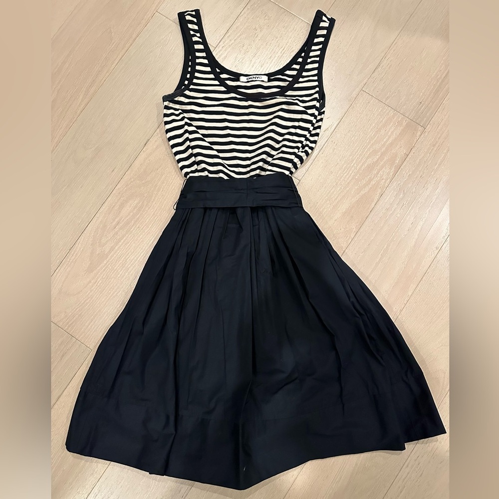 DKNYC Black and White Striped Midi Dress with Belt